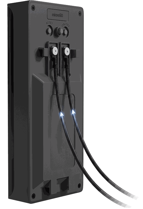 Back of the Tapo D260 showing hardwire terminals, microSD slot, reset and power switch