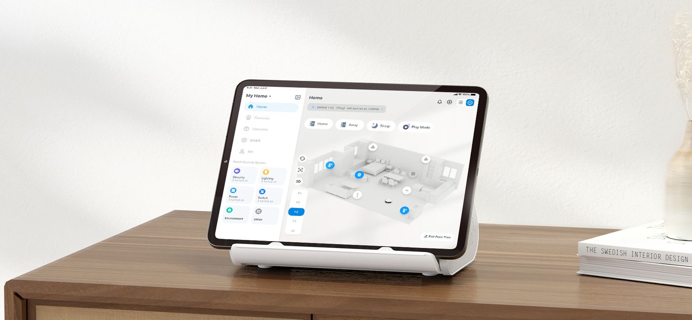 Tapo app 3D home dashboard on a tablet docked in the H500