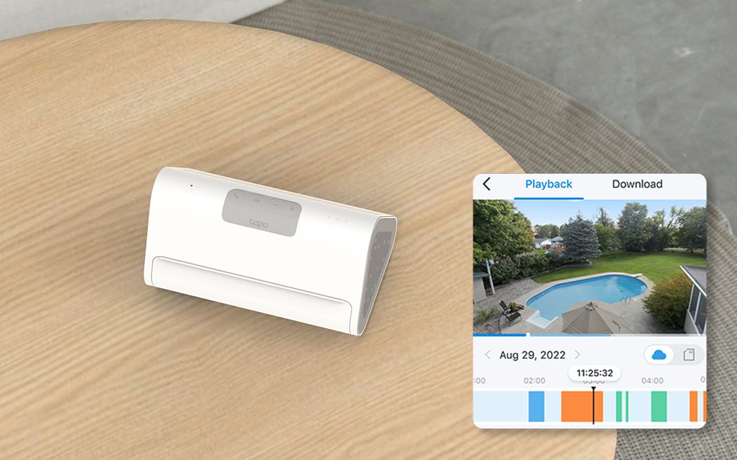 Tapo H500 Smart HomeBase unit on a table