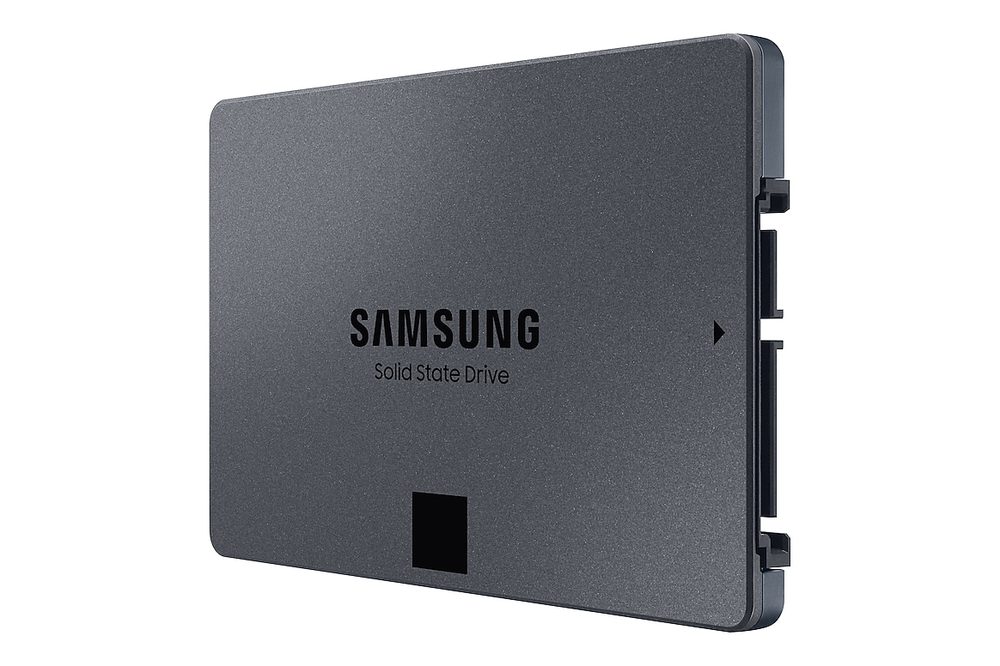 Samsung 870 QVO 8TB SSD at an angle showing its 2.5-inch 7mm form factor