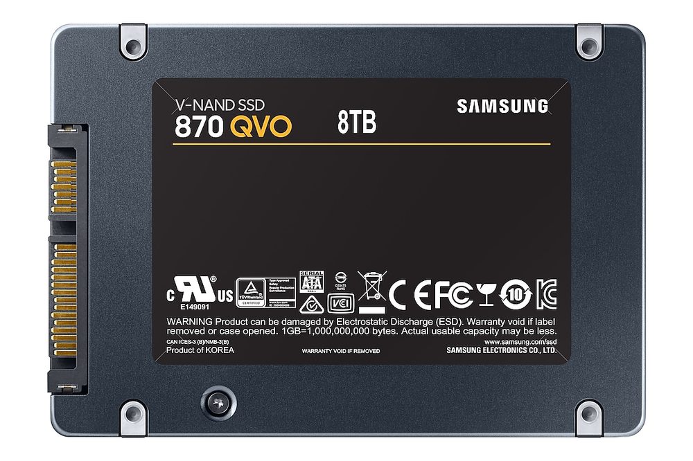 Samsung 870 QVO 8TB label showing model MZ-77Q8T0B/AM and SATA connectors
